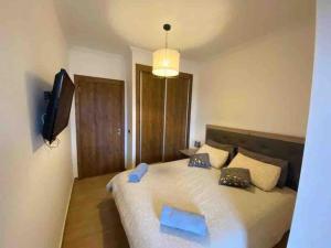 1 dormitorio con 1 cama grande y 2 almohadas azules en Splendido appartamento a Gueliz en Marrakech