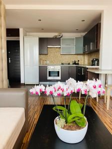 a kitchen with a table with a pot of pink flowers at Apartament na Orchidei in Bielsko-Biała