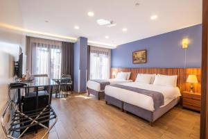 Pokój hotelowy z 2 łóżkami i biurkiem w obiekcie La Wisteria Boutique Hotel Istanbul w Stambule