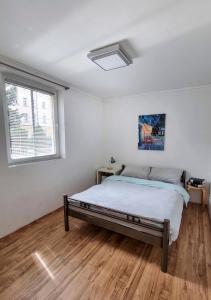 een slaapkamer met een bed in een witte kamer bij Bungalow Alex in Dresden