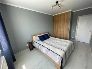 a bedroom with a bed with a blue pillow on it at Apartament for rent in Căuşeni