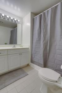 bagno con servizi igienici, lavandino e specchio di Fantastic 1 BR Apt + Den @Crystal City With Gym ad Arlington