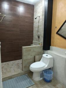 a bathroom with a toilet and a shower and a tub at Casa B&V in Isla Mujeres