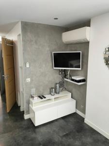uma sala de estar com uma televisão na parede em Appartement avec jardin et parking em Cassis