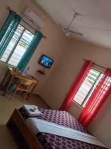 Schlafzimmer mit einem Bett mit roten Vorhängen und einem TV in der Unterkunft BM Akwaba in Palimé
