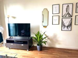 a living room with a flat screen tv and a plant at Entire 1 bed Apartment with private Balcony in London