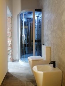 a bathroom with a toilet and a glass shower at Rambling Rooms in Campomarino