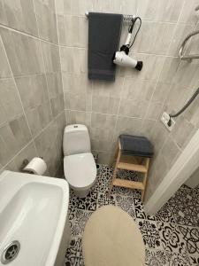 a bathroom with a white toilet and a sink at Jūros apartamentai in Klaipėda
