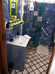 een badkamer met een wastafel en een douche bij Appartement Oslo in Sainte-Anne