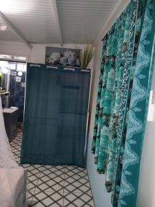 łazienka z zasłoną prysznicową i umywalką w obiekcie Appartement Oslo w mieście Sainte-Anne