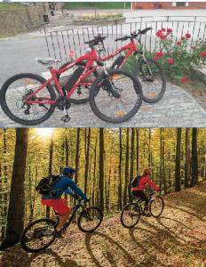 two pictures of a man riding a bike in the woods at Rosa'villa 9 in Murazzano