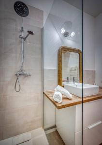 La salle de bains est pourvue d'une douche, d'un lavabo et d'un miroir. dans l'établissement Le Family's 39 - CHU, à La Tronche