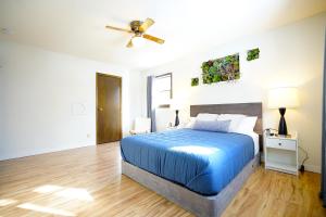 a bedroom with a blue bed and a ceiling fan at Blue House 2 in Sioux Falls