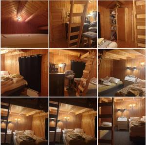 uma colagem de fotos de um quarto com beliches em Holiday Raustua Cabin em Gol