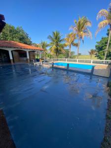 uma piscina com água azul e palmeiras em Chácara Veber em Olímpia