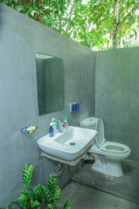 ein Badezimmer mit Waschbecken, Toilette und Spiegel in der Unterkunft Shady Cottage in Ahangama