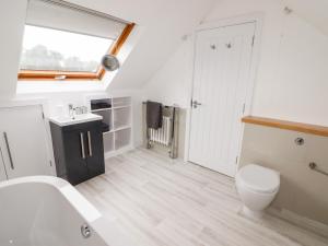 a bathroom with a white toilet and a sink at The Gallery in Tenby +18 photos