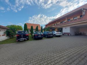 un grupo de autos estacionados en un estacionamiento en Pensiunea Keisd en Saschiz