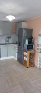 eine Küche mit einem Kühlschrank aus Edelstahl und einer Mikrowelle in der Unterkunft Chez Malo 