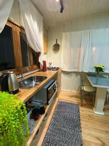 a small kitchen with a sink and a microwave at Casa de temporada - Recanto da invernada in Urubici