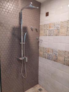 uma casa de banho com um chuveiro e paredes em azulejo em Lucky Beach Resort em Triquinimale