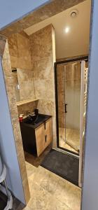uma casa de banho com um lavatório e uma cabina de duche em vidro. em Appartement Kantar - Tout en Rose em Anduze