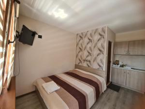 Dormitorio pequeño con cama y TV en House Varna-1, en Krapets