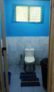 a bathroom with a white toilet and a blue wall at Villagracia HomeStay 