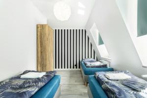 2 camas azules en una habitación con escaleras en VICE CITY Hostel, en Wroclaw