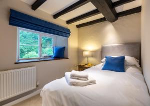 ein Schlafzimmer mit einem Bett mit blauen Kissen und einem Fenster in der Unterkunft The Mill at Marrington Estate in Chirbury