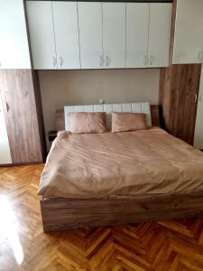 a bedroom with a large bed with white cabinets at Teodora Apartment in Ruse