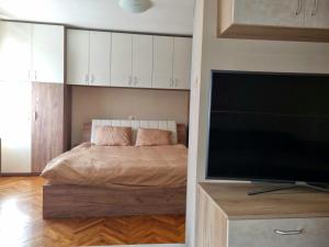 a bedroom with a bed and a flat screen tv at Teodora Apartment in Ruse