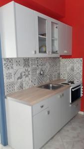 eine Küche mit weißen Schränken und einem Waschbecken in der Unterkunft Sivota apartments Parthenia in Syvota