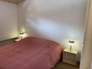 a bedroom with a bed and two tables with lamps at Appartement plein centre cap ferret in Lège-Cap-Ferret