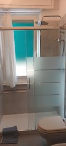 a bathroom with a toilet and a glass shower door at Santa Margherita Ligure Apartment with parking in Santa Margherita Ligure +15 photos
