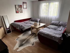 ein Wohnzimmer mit 2 Betten und einem Tisch in der Unterkunft Apartment Ollie Tuzla in Tuzla