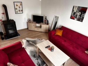 ein Wohnzimmer mit einem roten Sofa und einem Tisch in der Unterkunft Apartment Ollie Tuzla in Tuzla