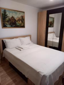a bedroom with a large white bed and a mirror at Casa Albert in Constanţa