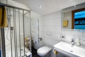 a bathroom with a toilet and a sink and a shower at Appartements Tyrol in Pettneu am Arlberg