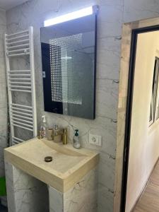 a bathroom with a sink and a mirror at Accommodation Casa Luca in Horezu
