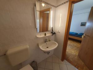 a bathroom with a sink and a toilet and a mirror at ABM Apartment Haus in Zwingenberg