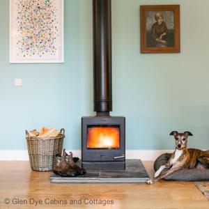 een hond die naast een fornuis op de vloer ligt bij The Corner House in Banchory