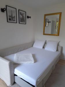 ein großes weißes Bett in einem Zimmer mit Spiegel in der Unterkunft appartement quai de la Fontaine in Nîmes