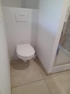 La salle de bains est pourvue de toilettes blanches dans un mur blanc. dans l'établissement appartement quai de la Fontaine, à Nîmes
