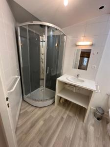uma casa de banho com um chuveiro e um lavatório. em Maison du Cloitre Couvent des Carmes em Narbona