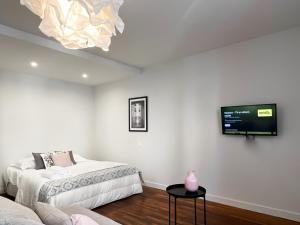 a bedroom with two beds and a tv on the wall at Feng shui calme proche de la gare in Annecy