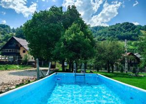 a blue swimming pool in a yard with trees at Voinescu House - Natural Living & Eating in Şimon