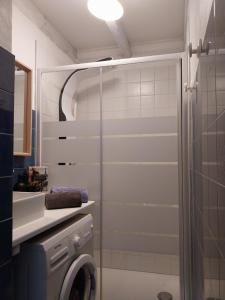 een badkamer met een douche en een wasmachine bij Bihotze27 in Cazaubon