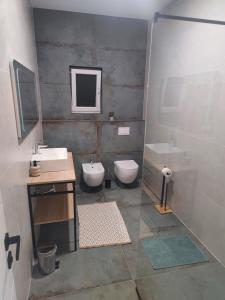 a bathroom with a sink and a toilet and a mirror at Apartmani Ante & Ivano Biograd in Biograd na Moru