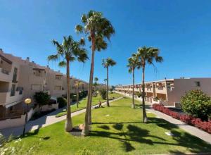 a row of apartment buildings with palm trees in a park at La Tejita in La Tejita